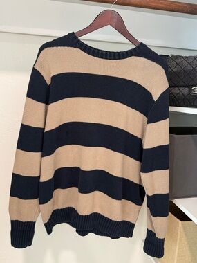 Brandy Melville Navy and Beige Wide-Stripe Crewneck Sweater